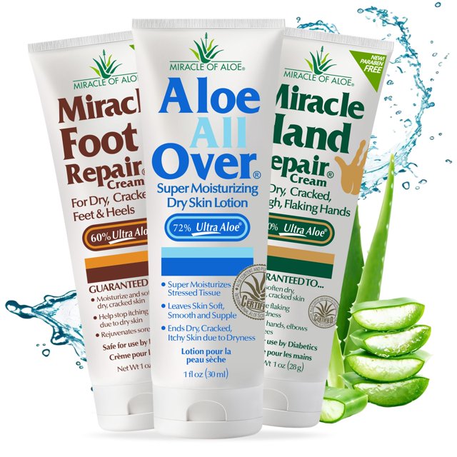 El surtido de 3 paquetes de Miracle of Aloe incluye tubos de 1 onza cada uno de Miracle Foot Repair Miracle Hand Repair y Aloe All Over