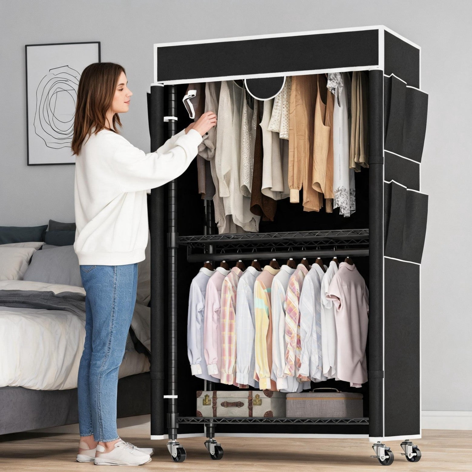Sailvan Heavy Duty Clothing Rack with Cover, Portable Closet Wardrobe with Double Hanging Rods and Wheels, 3-Tier Storage Shelves,Black