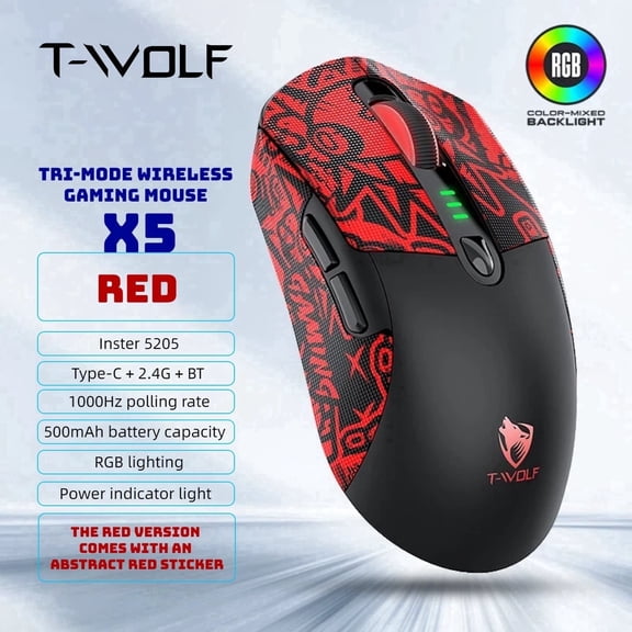 T-WOLF X5 Tri-Mode Wireless Gaming Mouse, Black with Red/Black Grip Stickers, 12800 DPI, 1000Hz, RGB Rechargeable 500mAh, Battery Display, 6 Buttons, Ergonomic Mouse for PC Laptop Mac