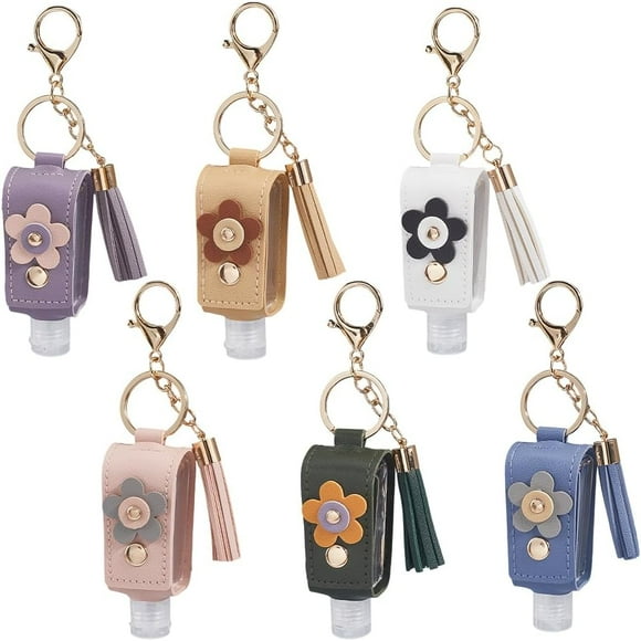 6 llaveros de desinfectante de manos en 6 colores, minibotella vacía de 30 ml, de piel sintética, con diseño de flores pequeñas, portátiles y coloridos, para viajes.
