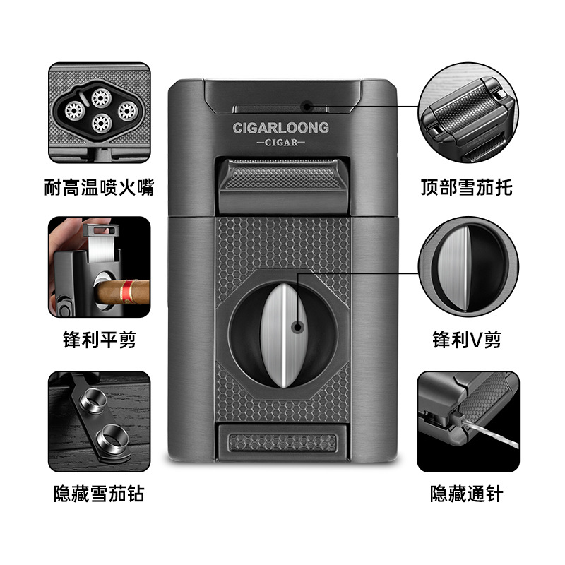 Cigar Lighter Multifunctional With Cigar Shears Cigar Drill Cigar Shot Gift Box 4 Fire Straight Windproof