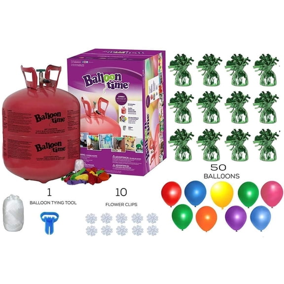 Helium Tank with 50 Balloons and White Ribbon   12 Green Balloon Weights   10 Flower Clips - Plus Balloon Tying Tool
