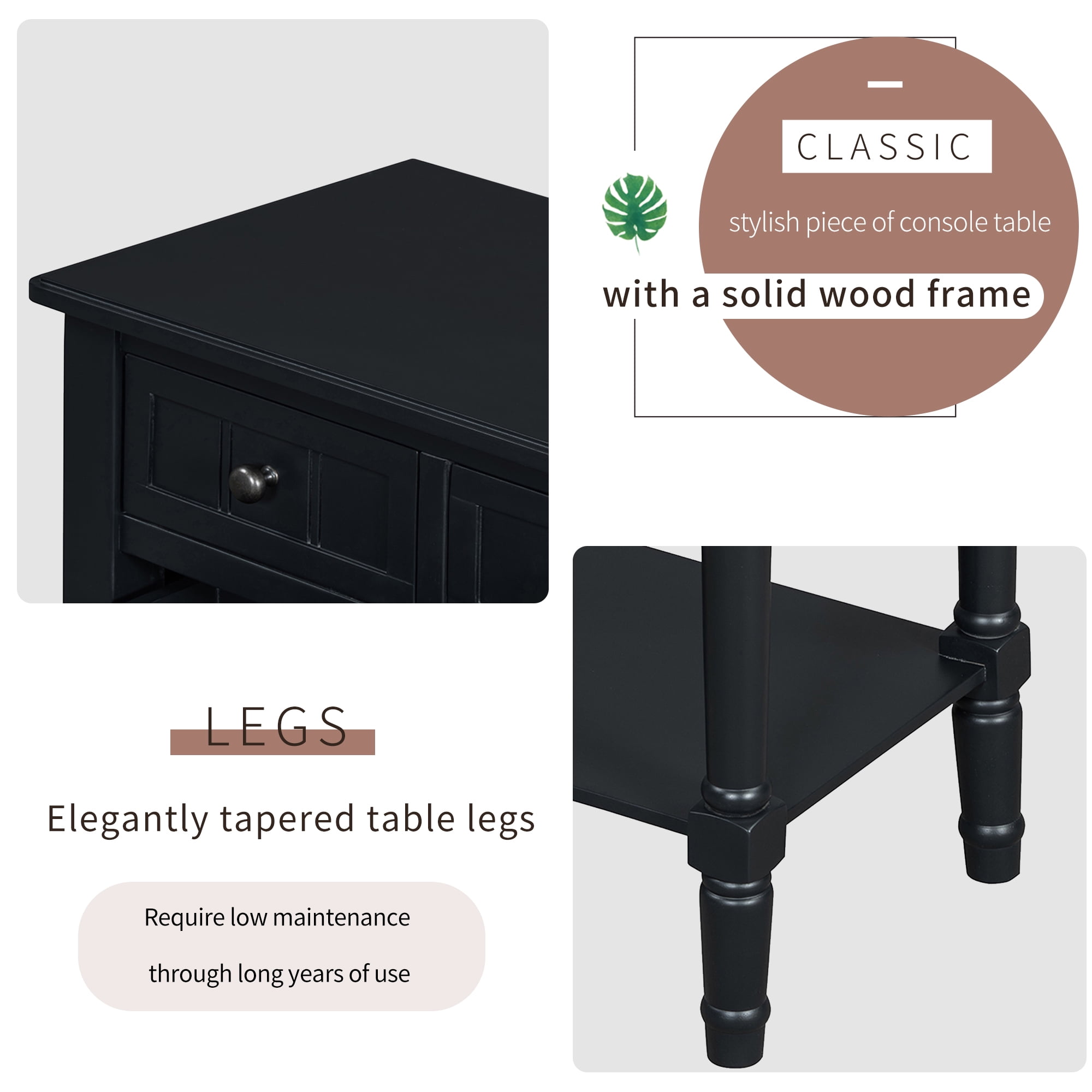 Harper & Bright Designs Narrow Console Table with Storage Drawers and Bottom Shelf for Entryway Living Room, Retro Console Table for Small Space, Black