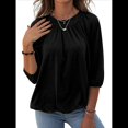 thumbnail image 2 of Camiseta de Cuello Redondo para Mujer, Blusa de Algodón de Media , Mangas 3/4, Informal, Holgada, Plisada, Básica. Negro S, 2 of 7