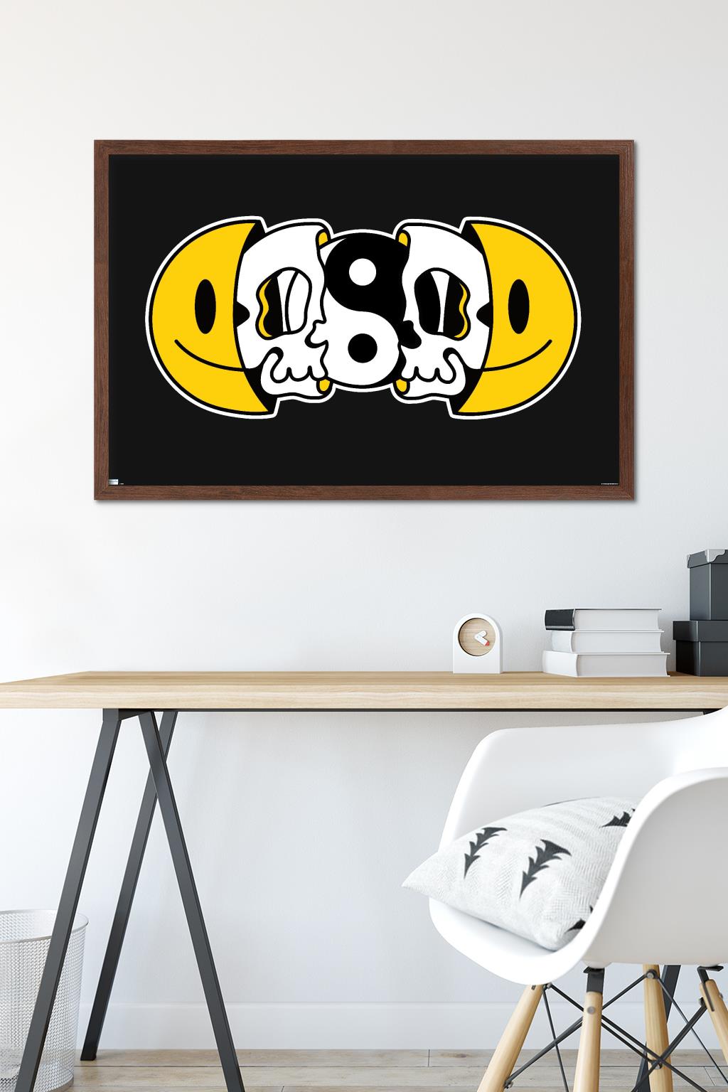 Yin Yang Smile Face Skull Wall Poster, 22.375" x 34" Framed