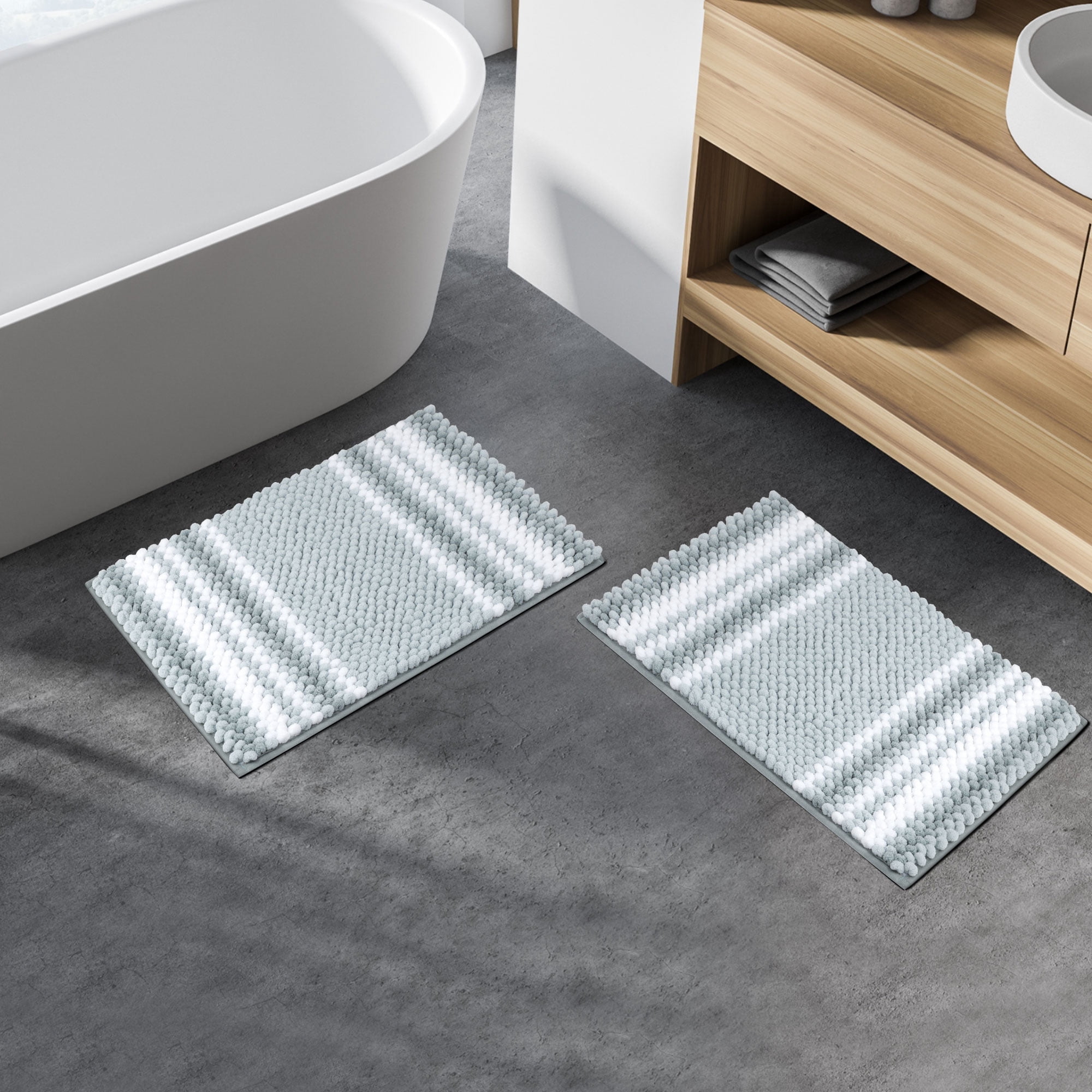 REGALWOVEN Chenille Bathroom Rug Set of 2 Extra Soft Fluffy, Striped Bath Mat Shaggy Rugs Absorbent Light Cyan 17"x24"