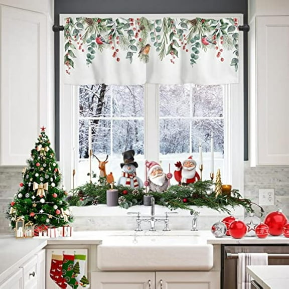 Christmas Cardinal Valance Kitchen Cafe Curtains,Berry Green Eucalyptus Leaves Rod Pocket Valances,White Short Curtain Window Valances for Bedroom Bathroom Living Room 54x18in