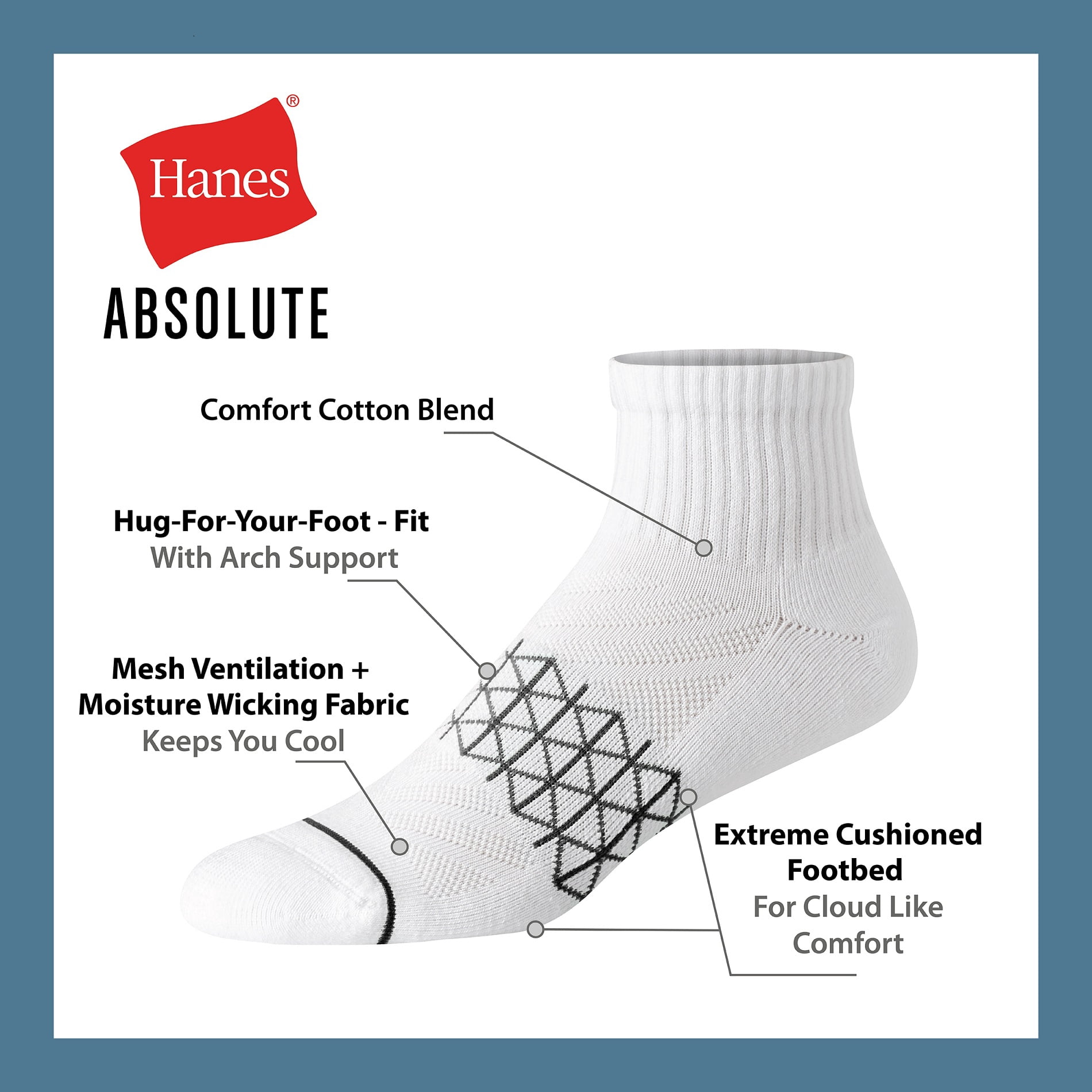 Hanes Mens Absolute Comfort Cushioned Ankle Socks, 3-Pairs