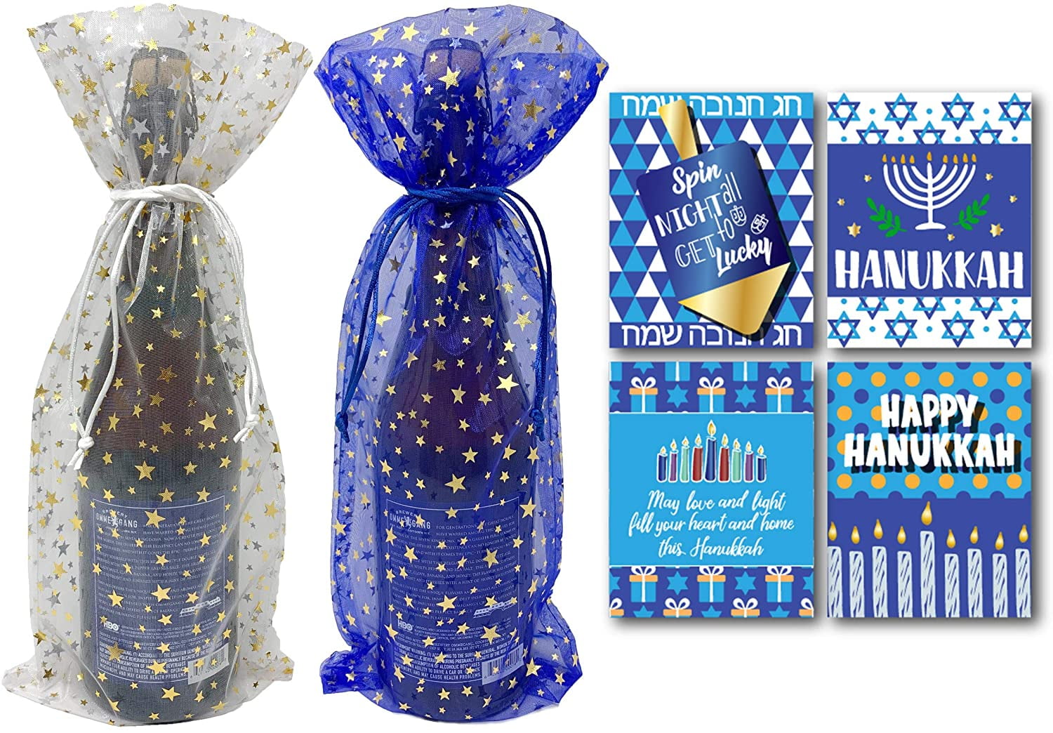 Hanukkah Holiday Wine Labels Bundles with Sheer Organza Wine Gift Bags