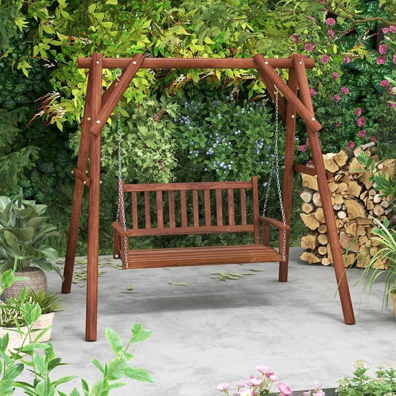 2-Person Wooden Outdoor Porch Swing, Heavy Duty  Hanging Bench with 500 LBS Capacity