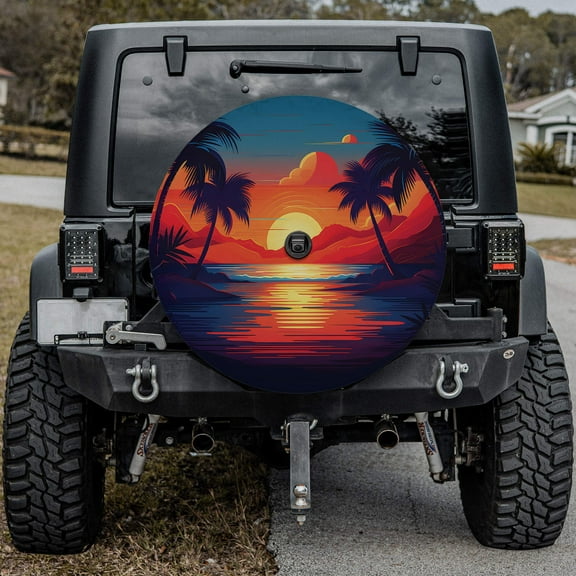 Lotusprinthandmade Palm Trees with Colorful Sunset Spare Tire Cover With Backup Camera Hole 6 Sizes (27 in.)