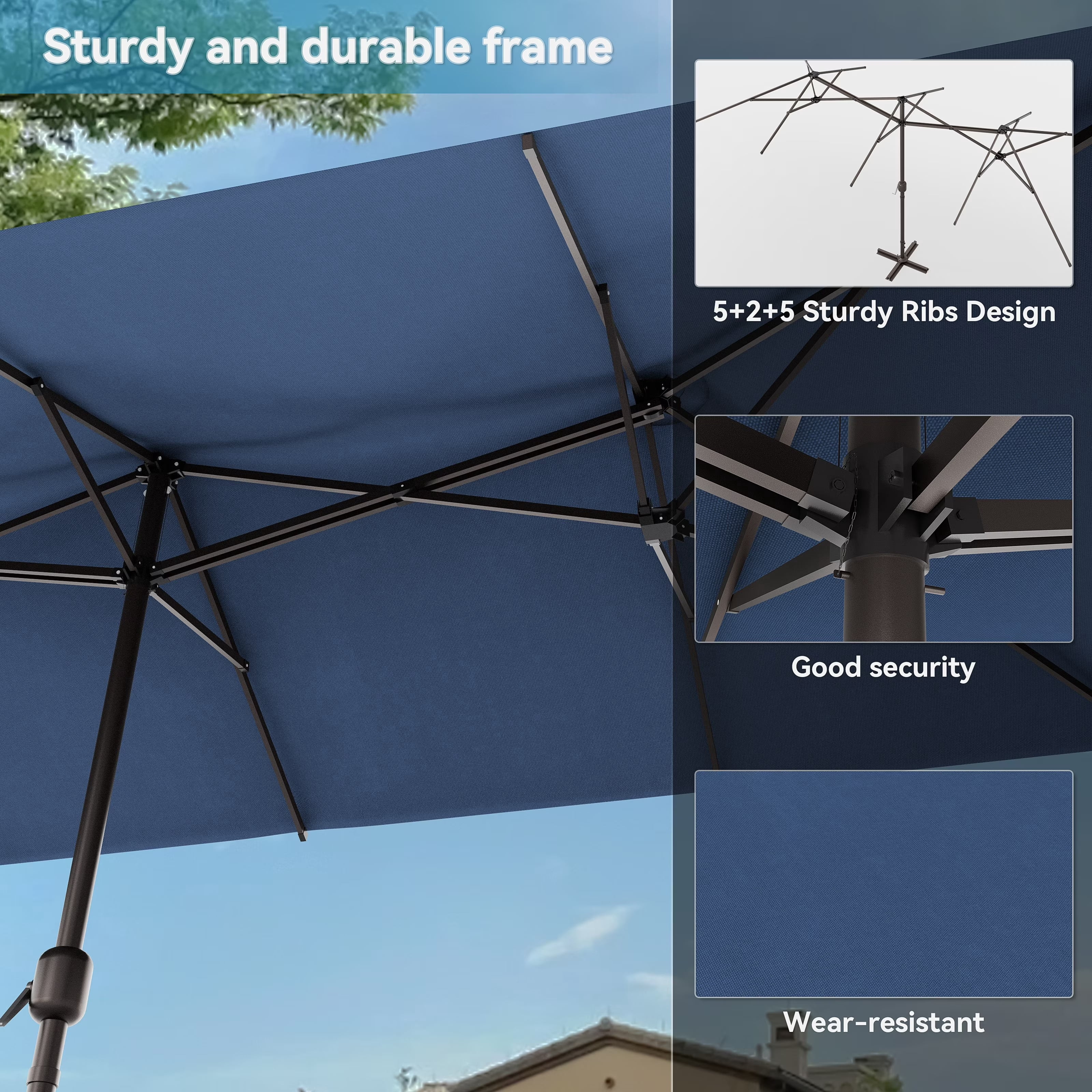ALAULM 8 Piece Patio Dining Set w/14FT Umbrella, Metal Outdoor Furniture Set w/Rectangular table, 6 Fixed Chairs and Removable Cushions for Patio, Backyard, Garden, Poolside（Navy Blue）