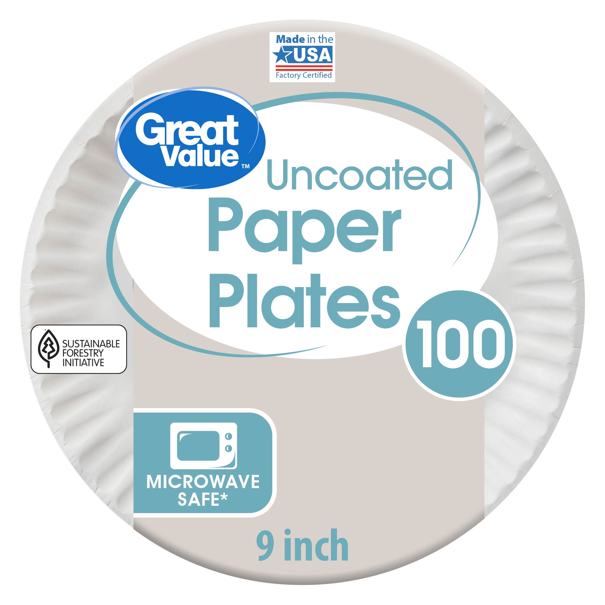 Great Value Uncoated Paper Plates, White, 100 Count