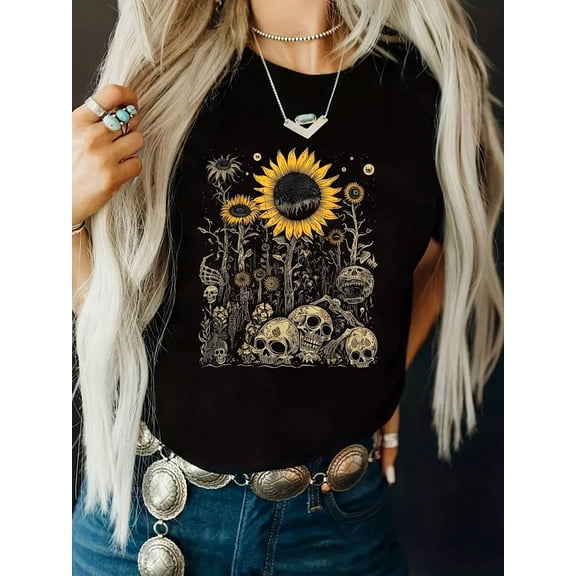 【New Arrival】Vintage Sunflower Skull Forest Graphic T-Shirt, Women Gothic Dark Aesthetic Casual Short Sleeve Tee