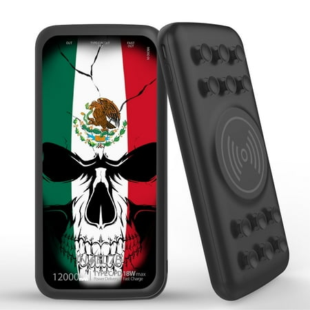 

INFUZE Qi Wireless Portable Charger for Samsung Galaxy A42 5G External Battery (12000 mAh 18W Power Delivery USB-C/USB-A 3.0 Ports Suction Cups) with Touch Tool - Mexico Skull Flag
