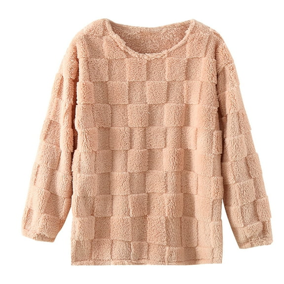 Waffle Pajama Women's Crewneck Loungewear Flannels PJs Casual Long Sleeve Homewear Loose Cozy Pajamas Fluffy Sherpa Nightgown Fleece Winter Sleepwear