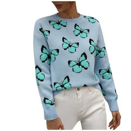 

Sweaters For Women Fall Maternity Clothes Women Chunky Sweater Cardigan Women s Autumn And Winter Butterflies Print Round Neck Long Sleeve Knit Sweater Pullover Butterfly Crew (L Blue) TBKOMH