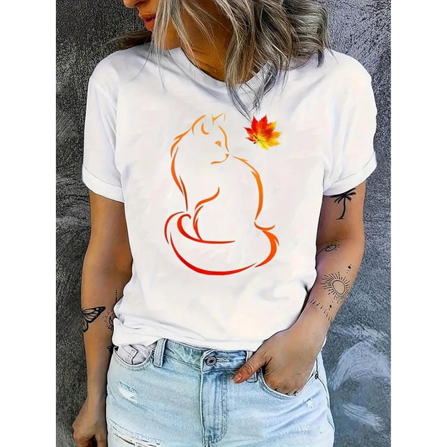 Women's Stylish Maple Leaf Cat Graphic Tee - Black Casual Short Sleeve T-Shirt with Vibrant Orange & Red Cat Design, Comfortable Summer Top for Casual Attire, Casual Summer Top | Trendy Graphic Tshir