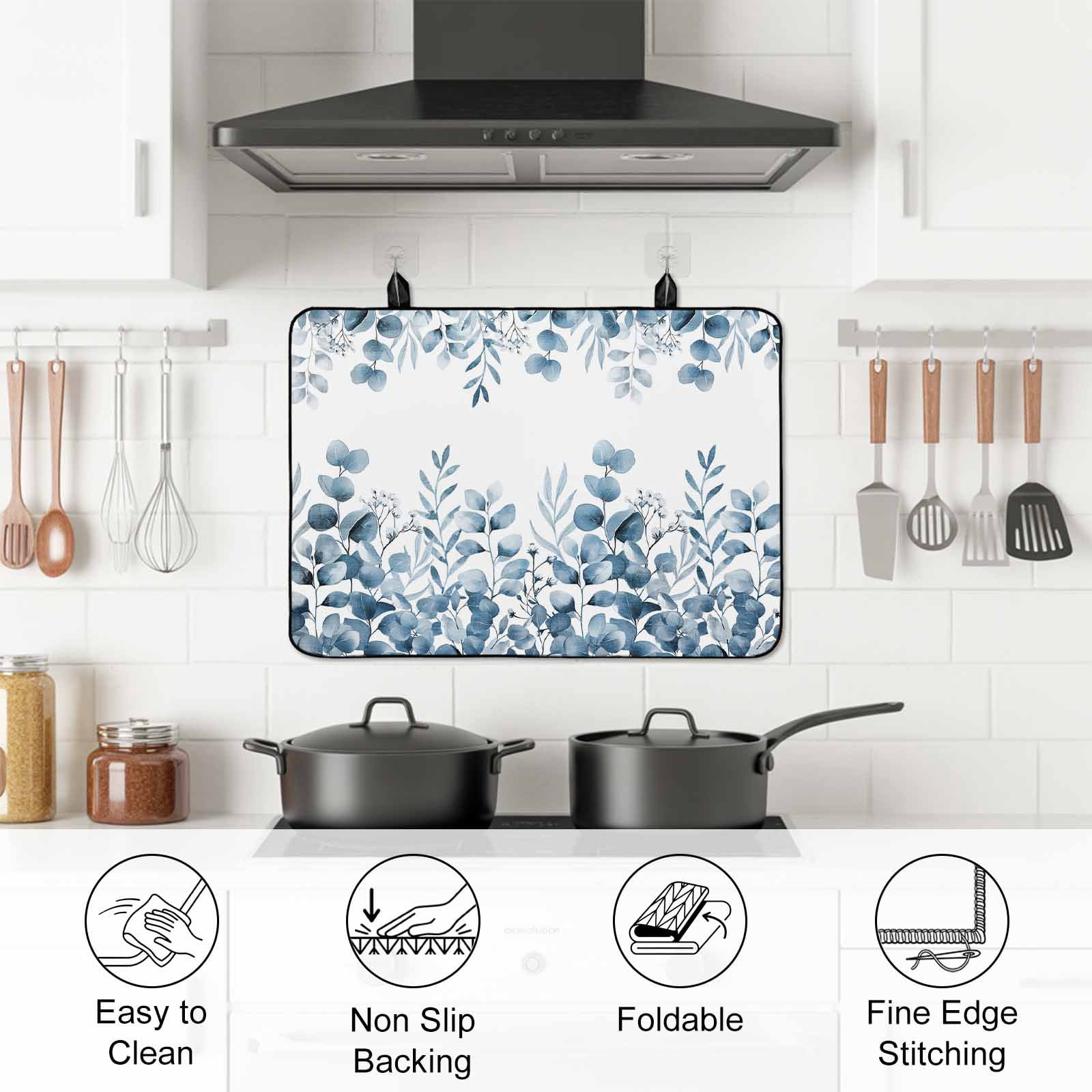 Blue Eucalyptus Leaves Stove Top Cover for Electric Stove, Heat-proof & Non Slip Glass Top Stove Cover Protector, Watercolor Spring Summer Botanical Kitchen Flat Cooktop Rubber Mat 24x21 Inches