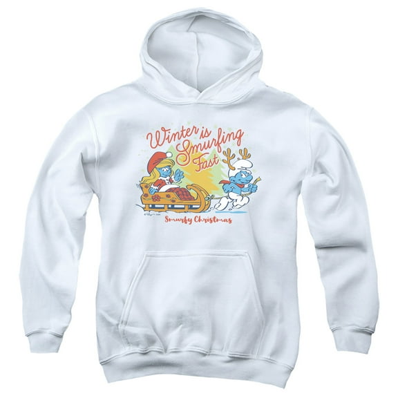Smurfs Christmas Winter Is Smurfing Fast Smurfette Youth Kids Boy/Girls Pull-Over Hoodie, White, Medium
