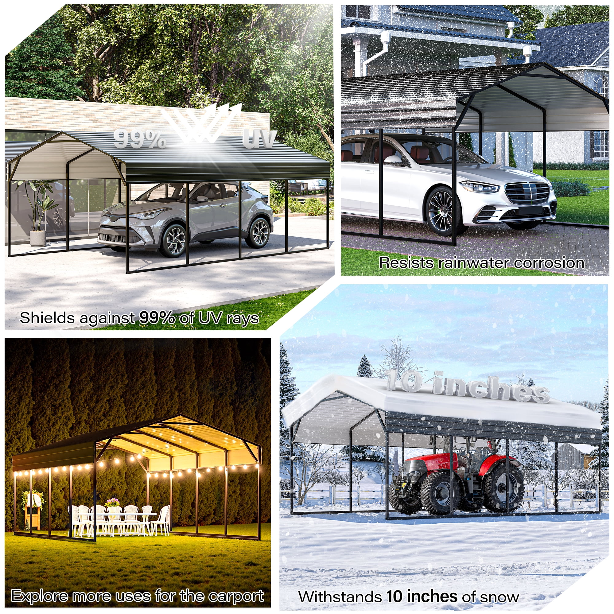 LAUSAINT HOME 12' x 20' Outdoor Metal Carport, Heavy Duty Waterproof Carport with Steel Panels for Car, Boat, Truck