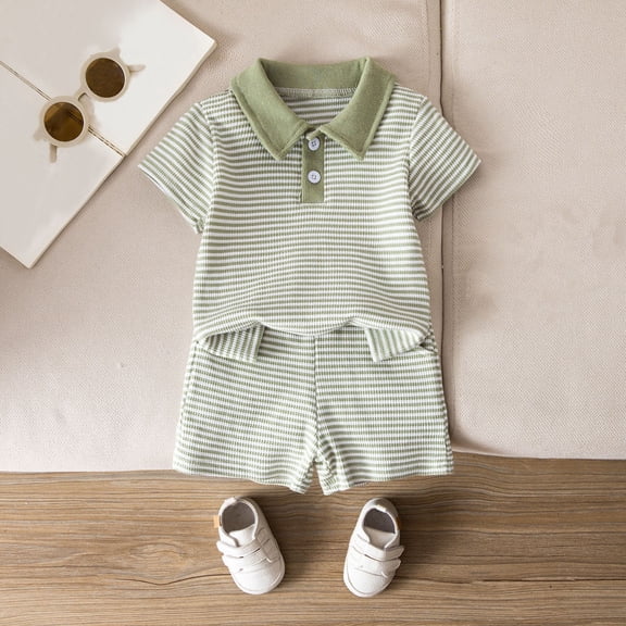 Toddler Kids Boys Cotton 2 Piece Outfits Casual Striped Short Sleeve Lapel Button T-Shirt and Shorts Matching Sets with Pockets Green 18-24 Months