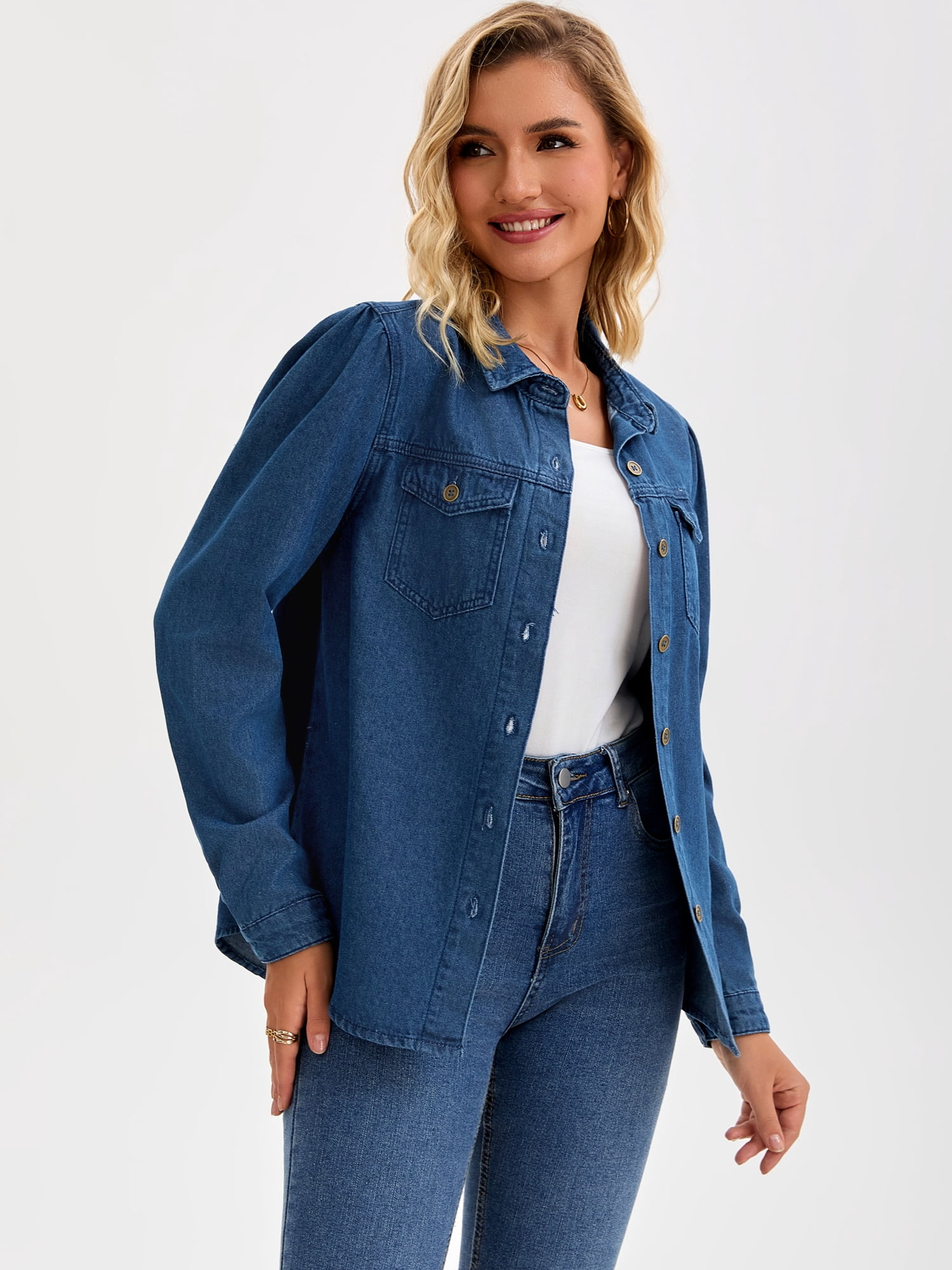DARING DIVA Women's Long Sleeve Button Down Shirts Jackets with Pocket L Dark Blue