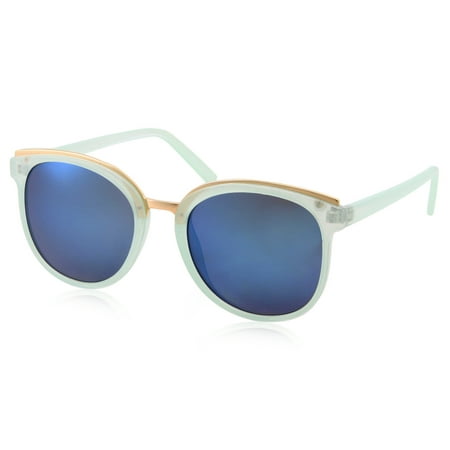 Womens Fashion Dapper Horned Rim Blue Mirrored Lens Sunglasses