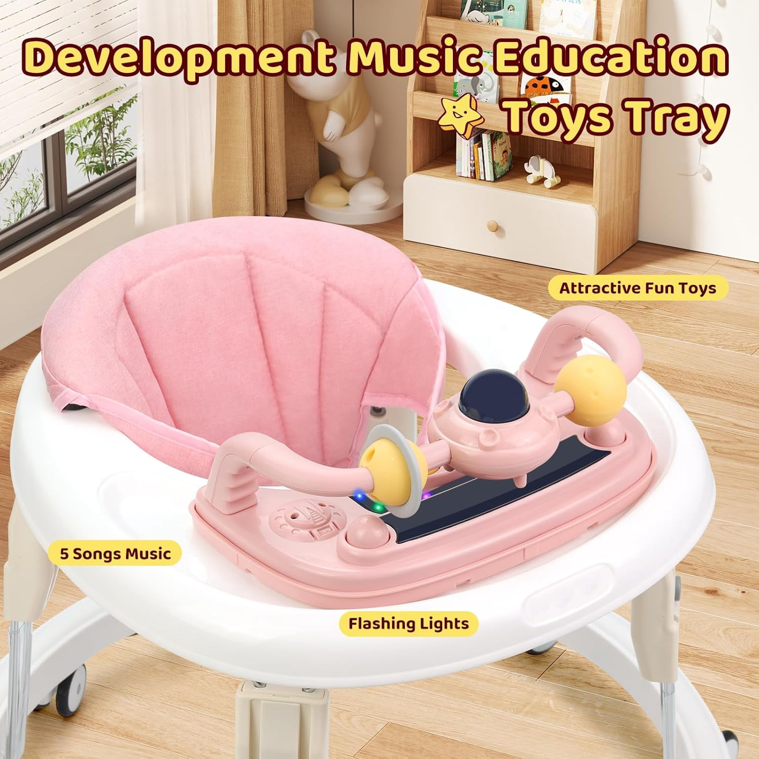 PRVAETU Foldable Baby Walker Activity Center W/ Music Toy,Wheels,Height Adjustable,Foot Pad for 6-18 Months Babies Infant Boys Girls,Pink