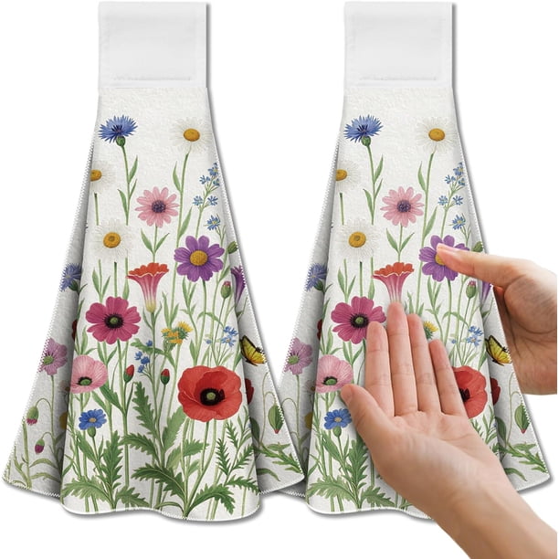 Juego de 2 toallas de cocina colgantes con lazo y diseño de flores silvestres de colores: microfibra suave y superabsorbente, decorativas, para platos y manos, para té y café.