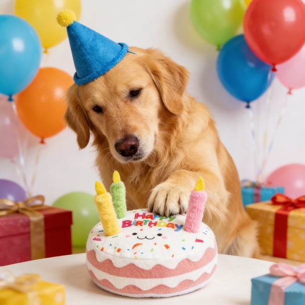 Este juguete de peluche con forma de pastel de cumpleaños que chirría para perros es perfecto como regalo de cumpleaños para tu perro.