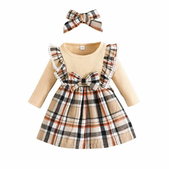 Edvintorg 3Months-3Years Toddler Baby Girl Christmas Outfit Kawaii Plaid Round Neck Long Sleeve Bowknot Princess Dress and Headband Set Christmas Party Baby Clothes for Girls