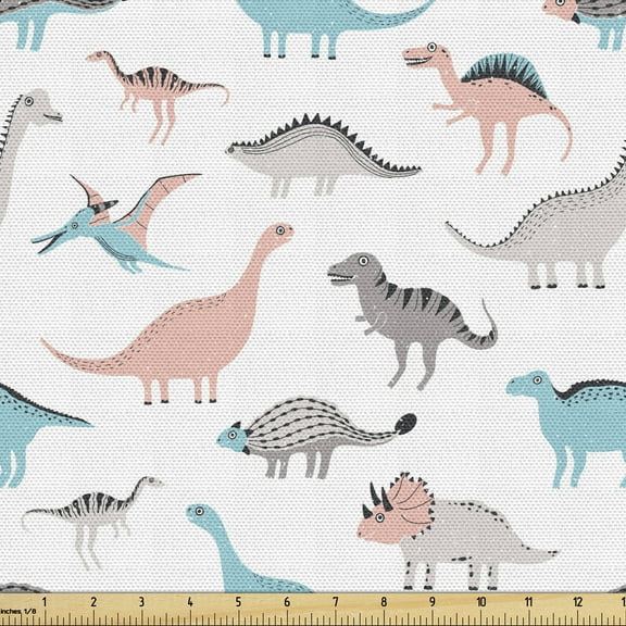 Ambesonne Dinosaur Fabric by the Yard Upholstery, Cartoon Prehistoric, 3 Yards, Multicolor