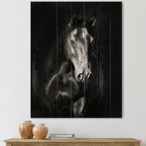 Designart 'Close Up Portrait Of Black Kladruby Horse' Farmhouse Print on Natural Pine Wood