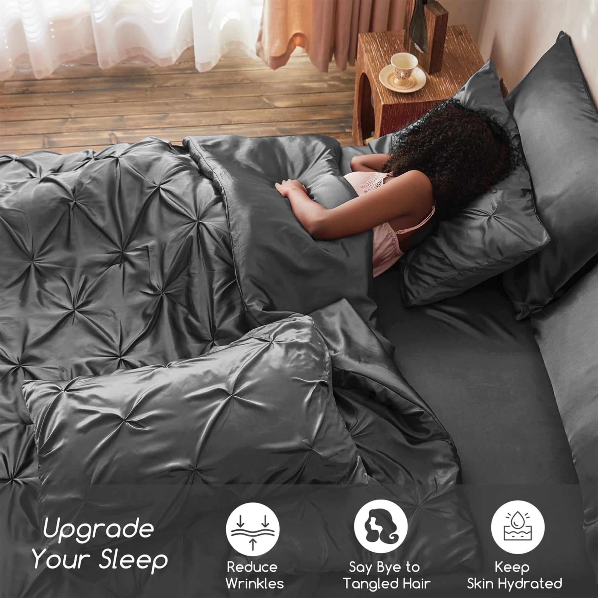 MR&HM Satin Comforter Set 7 Pieces Queen Size - Luxurious Pinch Pleat Bed in a Bag with Satin Comforter, Satin Sheets, Satin Pillowcases & Shams, Silky Soft Bedding Set for All Seasons (Dark Grey)