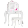 thumbnail image 1 of Qaba Kids Vanity Table and Stool, Makeup Vanity Girls Dressing Table Set with Tri-folding Mirrors Drawer Star and Heart Pattern, White, 1 of 10