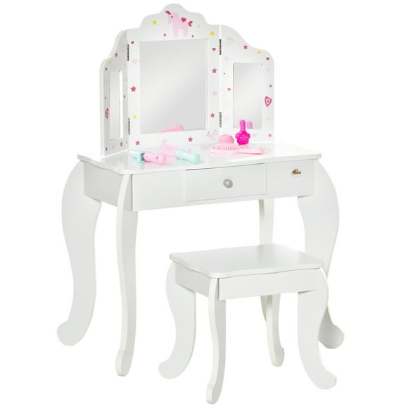 Qaba Kids Vanity Table and Stool, Makeup Vanity Girls Dressing Table Set with Tri-folding Mirrors Drawer Star and Heart Pattern, White