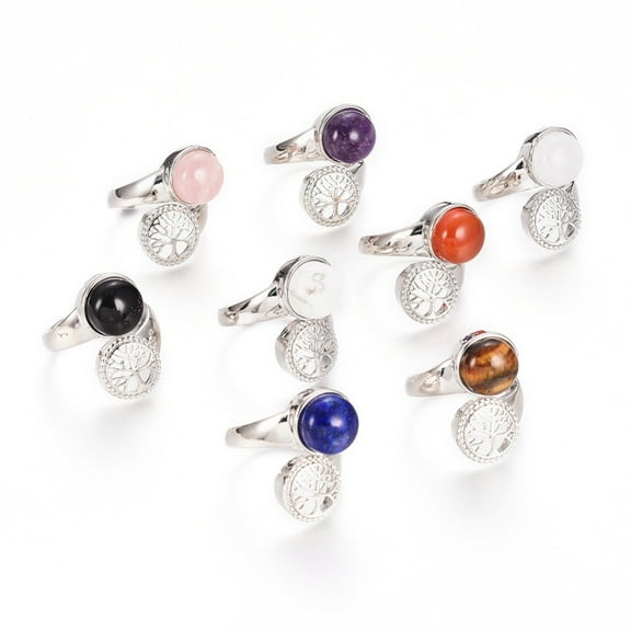 10 pc Mixed Gemstone Rings with Brass Findings Flat Round with Tree of Life US Size 7 1/4(17.5mm)