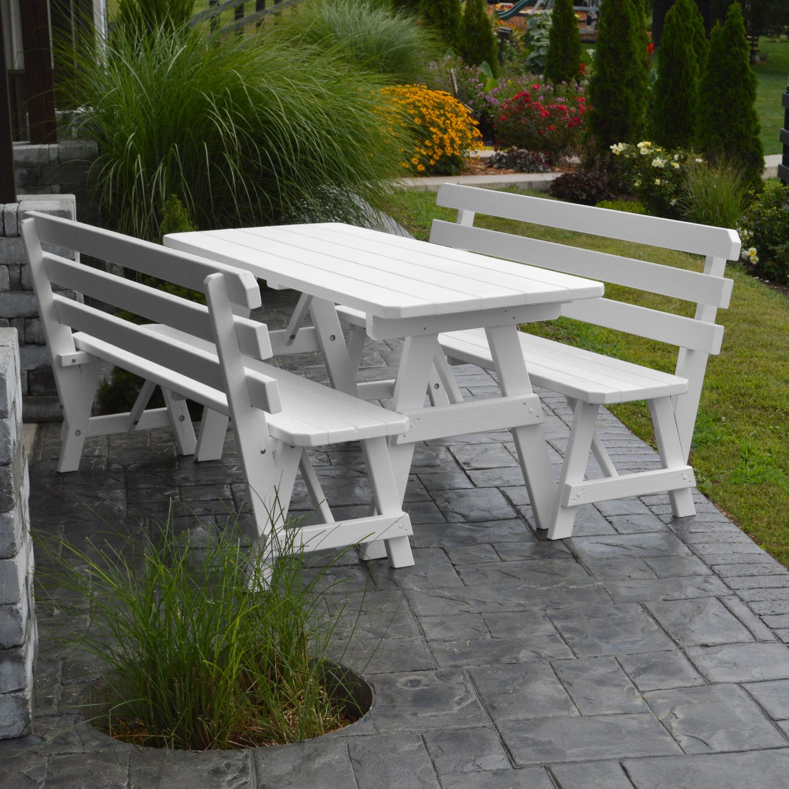 A & L Furniture Yellow Pine Couples Picnic Table with 2 Backed Benches