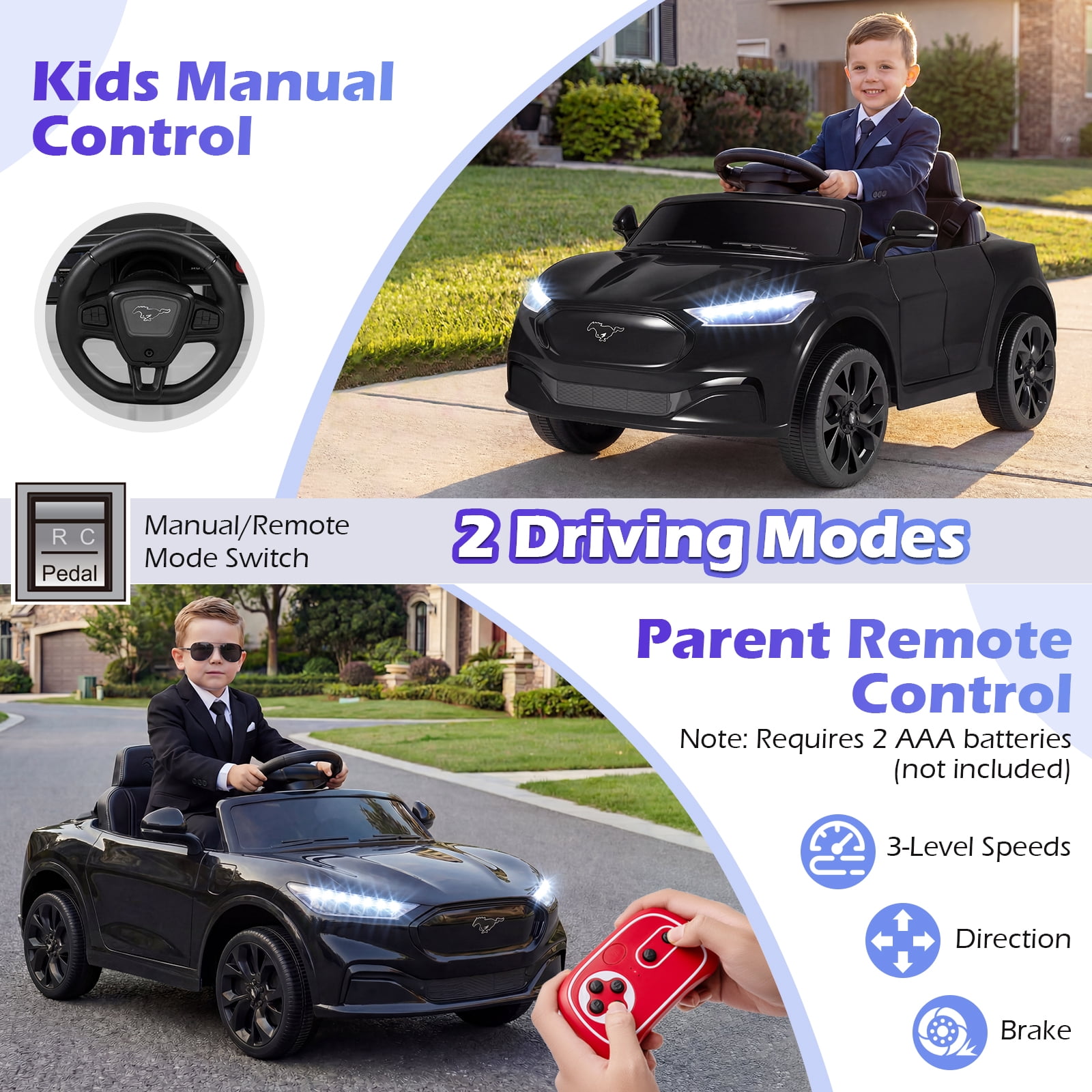 Gymax Licensed Ford Mach E Electric Vehicle w/Parent Control LED Lights Horn Music Black