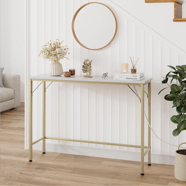 IdeaHouse Narrow Console Table, Black Sofa Table with Outlets, Behind Couch Table for Living Room, Hallway Table for Entryway-Gold & White