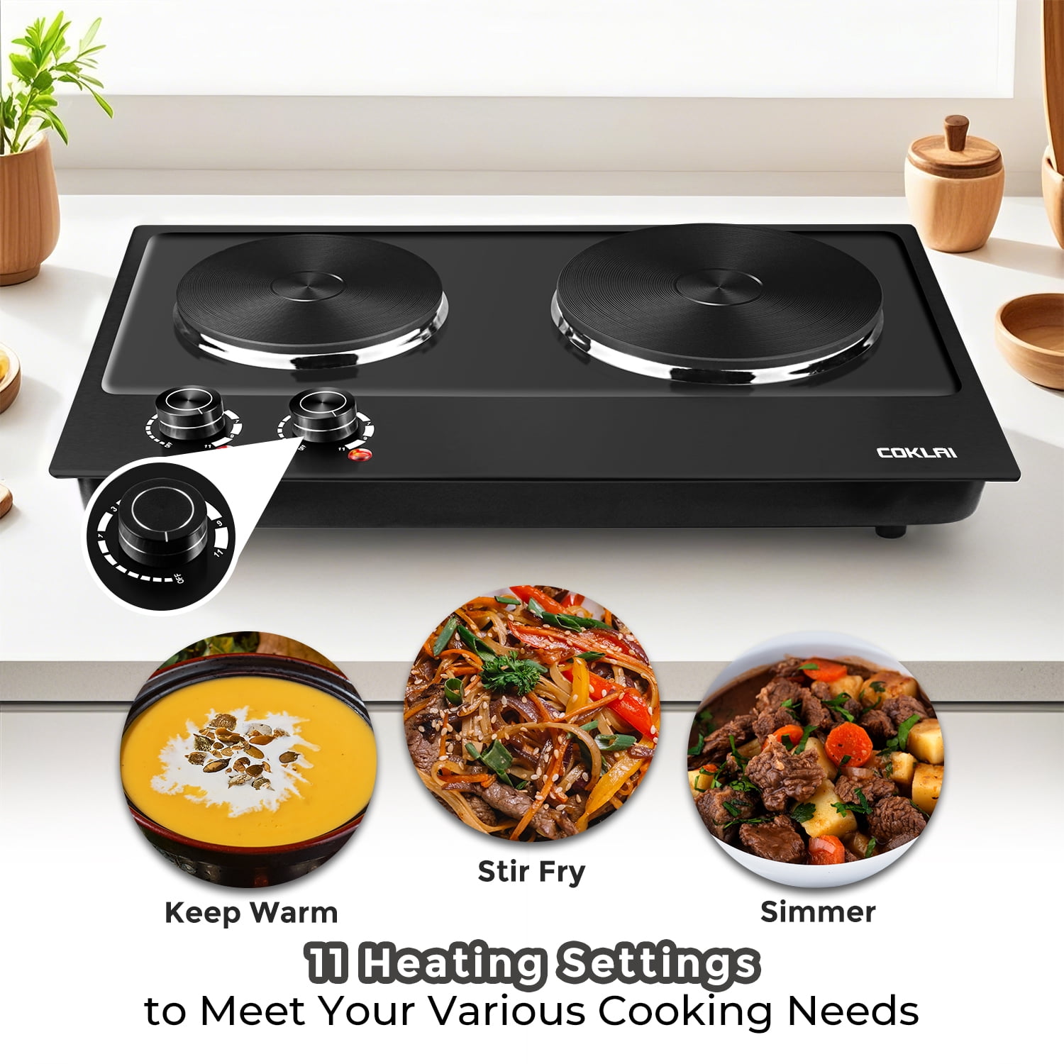 Coklai 1800W Portable Double Burner Hot Plate, Stainless Steel Countertop Electric Cooktop, Easy-to-Clean Silver Design, 2026 Version 24-month warranty
