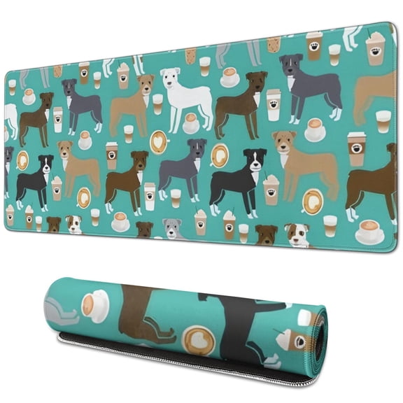 Long Mouse Pads for Desk,Cute Pitbull Terriers Dog and Coffee Desk Mats on Top Of Desks, Desk Mouse Pad Extra Large with 3mm Non-Slip Base and Stitched Edge for Gaming,Office,Work,Home 31.5"x11.8"