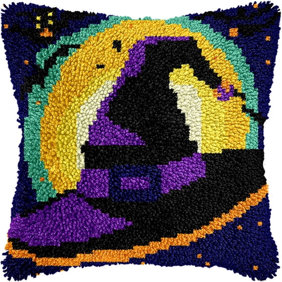 Latch Hook Kits Pillow Wizard Hat Crochet Yarn Cushion Colour Pre-Printed Canvas Rug Needlework Diy Pillowcase Hook And Latch Kit Christmas Home Arts Crafts Sofa Decoration 43X43Cm/17 X17Inc