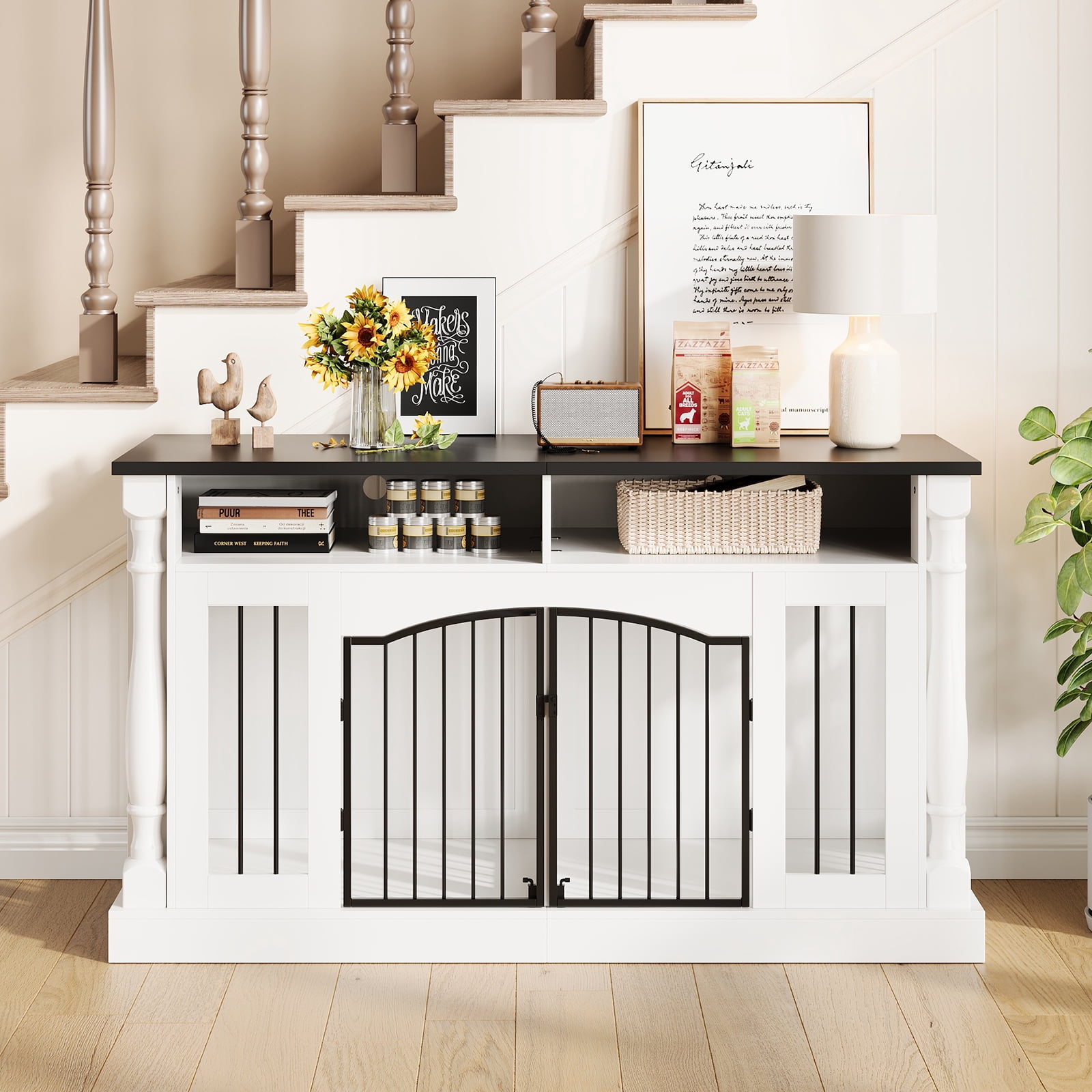 Heavy Duty Double Dog Crate Furniture for 2 Dogs - 63" Wooden Kennel with Open Storage, TV Stand Table, Charging Station, Sliding Barn Doors - Roman Column Design for Small & Medium Dogs - White
