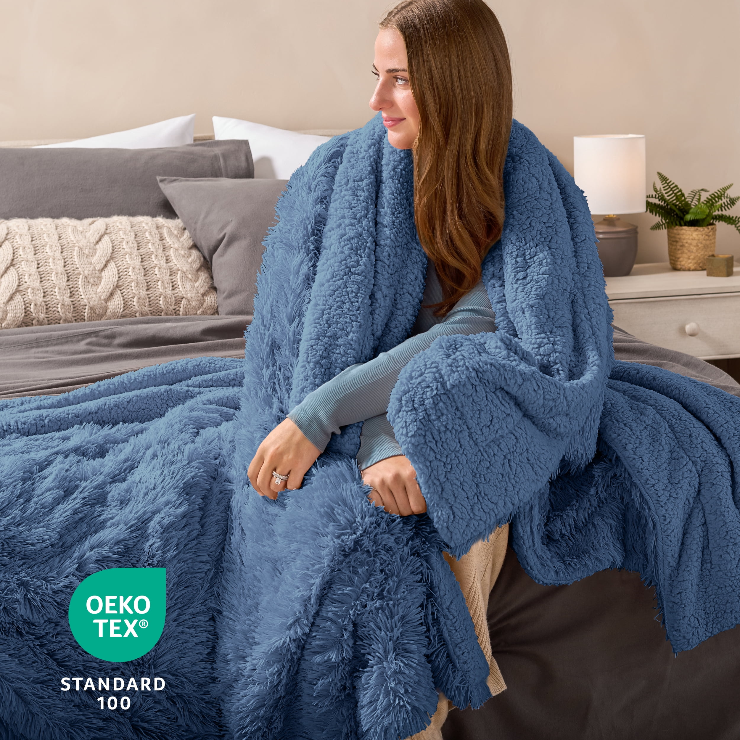 Bare Home Shaggy Blanket - 90" x 90" - Ultra Soft Fleece - Full/Queen, Coronet Blue