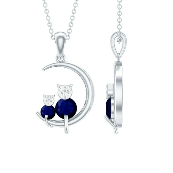Rosec Jewels 1 CT Blue Sapphire and Diamond Cat Moon Necklace, 925 Sterling Silver