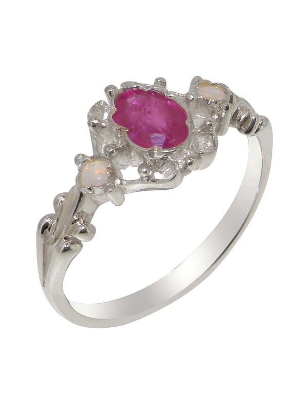 LBG British Made 10k White Gold Natural Ruby & Opal Womens Promise Ring - 33 size options - Size 10.75