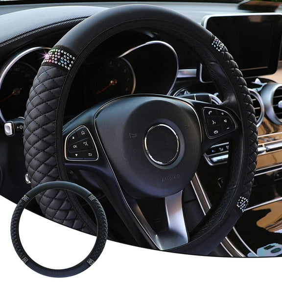 Godom 2Pcs Black PU Leather Diamond Car Steering Wheel Cover Protector 15"/38cm Accessories