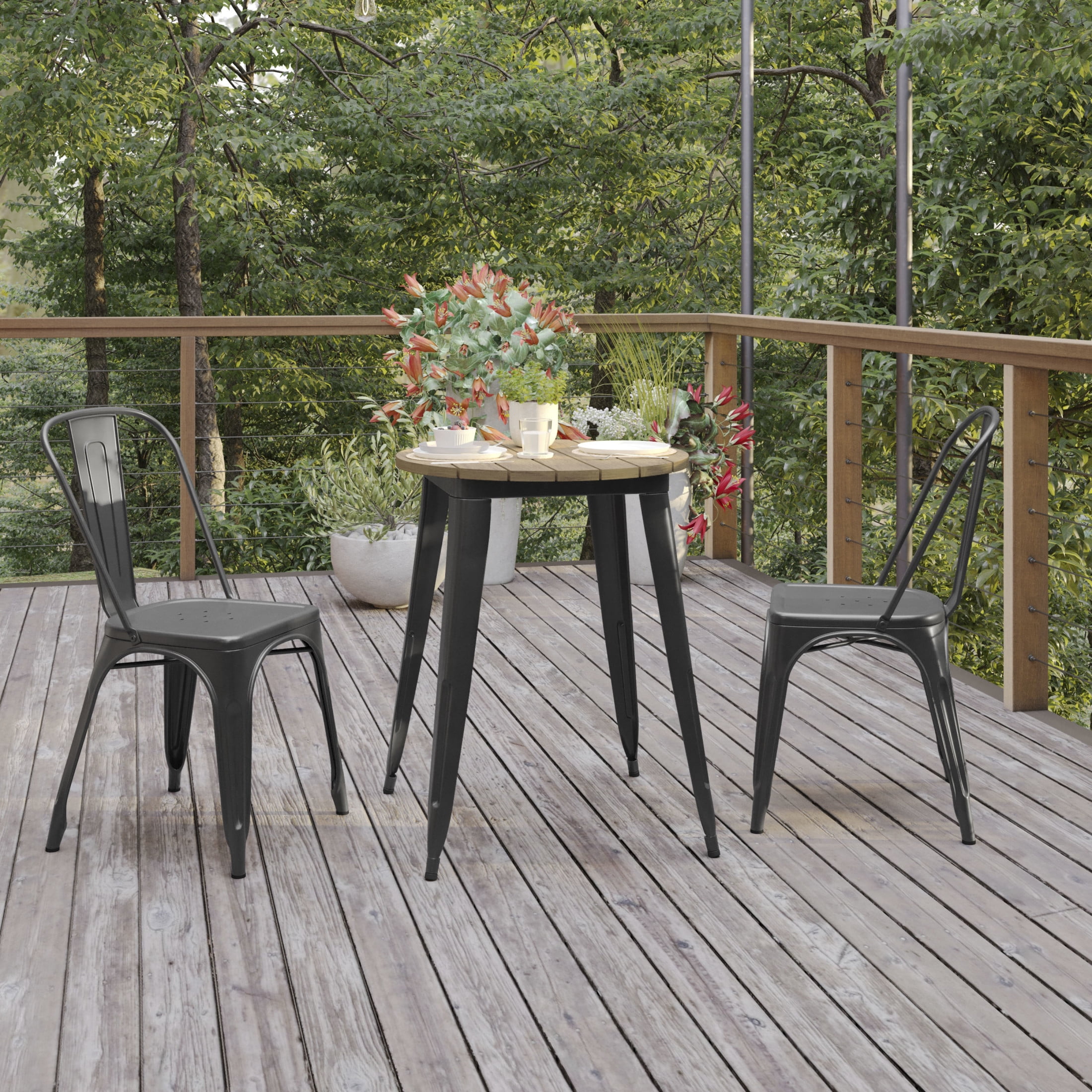 Flash Furniture Declan Commercial Grade Indoor/Outdoor Dining Table, 23.75" Round All Weather Brown Poly Resin Top with Black Steel Base